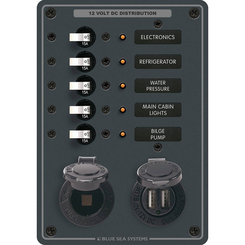 Blue Sea 8120 Breaker Panel 5 Position w/DC Socket & Dual USB