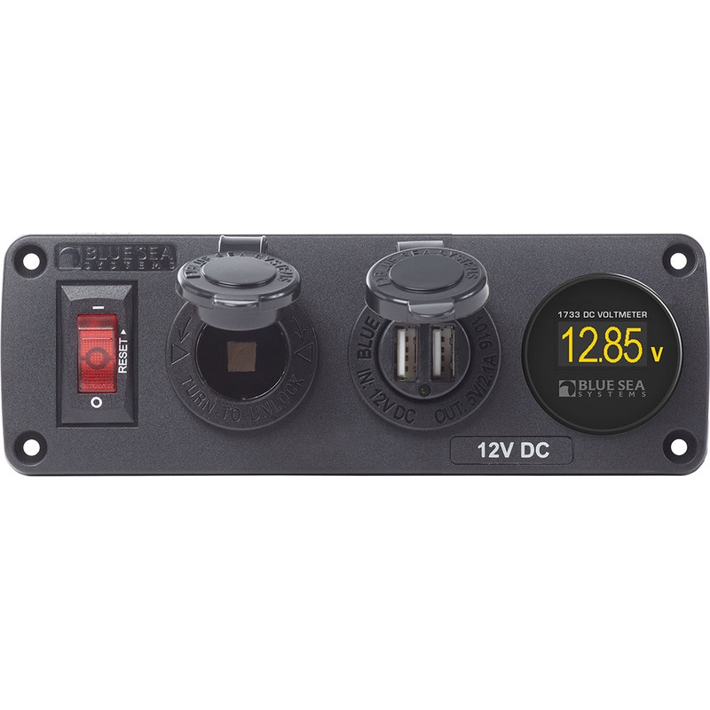 Blue Sea 4356 BelowDeck Panel - 15A Circuit Breaker, 12V Socket, 2.1A Dual USB Charger, Mini Voltmeter